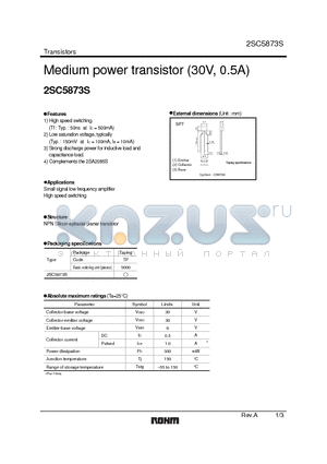 2SC5873S datasheet - Medium power transistor (30V, 0.5A)