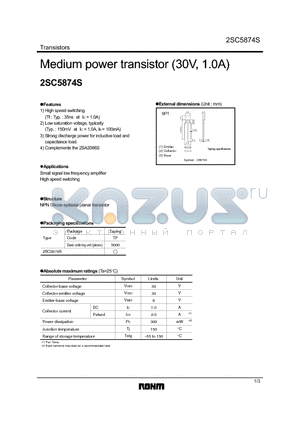 2SC5874S datasheet - Medium power transistor (30V, 1.0A)