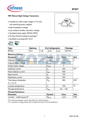 BFN27 datasheet - PNP Silicon High-Voltage Transistors