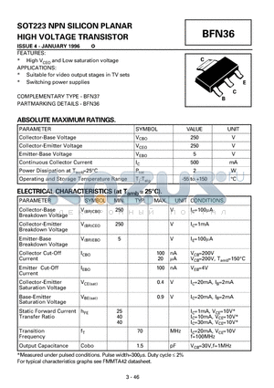 BFN36 datasheet - SOT223 NPN SILICON PLANAR HIGH VOLTAGE TRANSISTOR