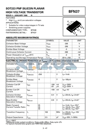 BFN37 datasheet - SOT223 PNP SILICON PLANAR HIGH VOLTAGE TRANSISTOR