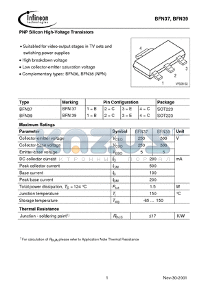 BFN39 datasheet - PNP Silicon High-Voltage Transistors