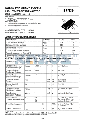BFN39 datasheet - SOT223 PNP SILICON PLANAR HIGH VOLTAGE TRANSISTOR