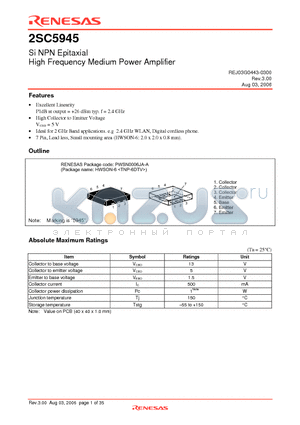 2SC5945TR-E datasheet - Si NPN Epitaxial High Frequency Medium Power Amplifier