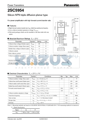 2SC5954Q datasheet - Silicon NPN triple diffusion planar type For power amplification with high forward current transfer ratio