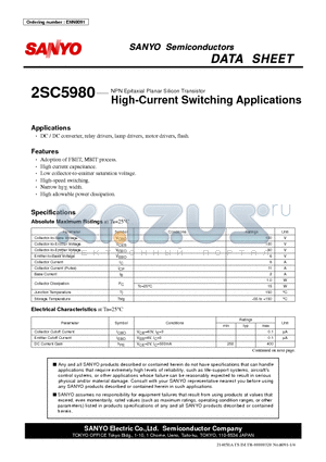 2SC5980 datasheet - NPN Epitaxial Planar Silicon Transistor High-Current Switching Applications