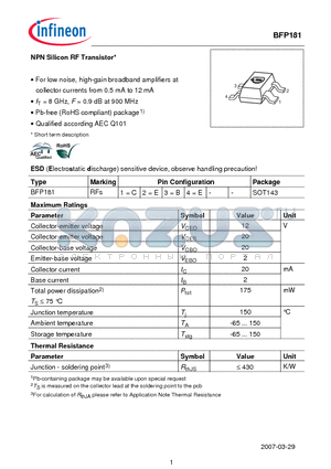 BFP181_07 datasheet - NPN Silicon RF Transistor