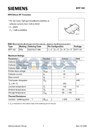 BFP182 datasheet - NPN Silicon RF Transistor (For low noise, high-gain broadband amplifiers at collector currents from 1mA to 20mA)