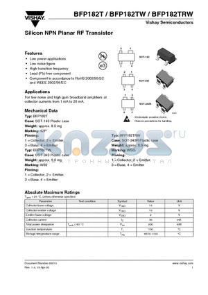 BFP182T datasheet - Silicon NPN Planar RF Transistor