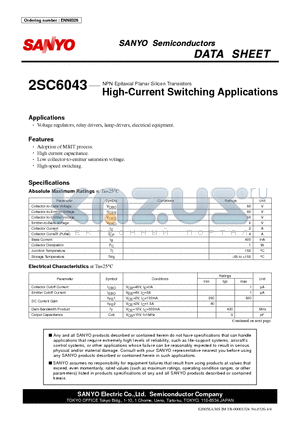 2SC6043 datasheet - NPN Epitaxial Planar Silicon Transistors High-Current Switching Applications