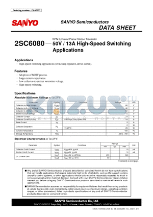 2SC6080 datasheet - NPN Epitaxial Planar Silicon Transistor 50V / 13A High-Speed Switching