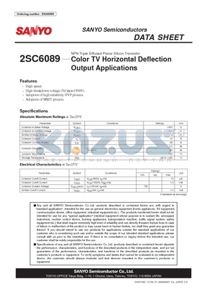 2SC6089 datasheet - Color TV Horizontal Deflection Output Applications