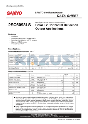 2SC6093LS datasheet - NPN Triple Diffused Planar Silicon Transistor Color TV Horizontal Deflection Output Applications