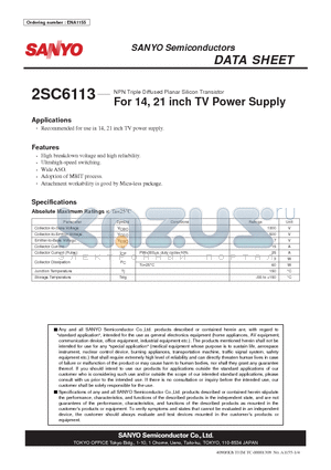 2SC6113 datasheet - NPN Triple Diffused Planar Silicon Transistor For 14, 21 inch TV Power Supply