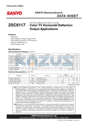 2SC6117 datasheet - NPN Triple Diffused Planar Silicon Transistor Color TV Horizontal Deflection Output Applications