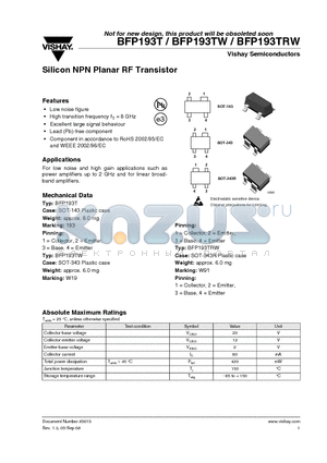 BFP193T datasheet - Silicon NPN Planar RF Transistor