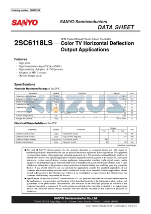 2SC6118LS datasheet - NPN Triple Diffused Planar Silicon Transistor Color TV Horizontal Deflection Output Applications