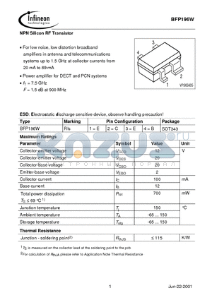 BFP196W datasheet - NPN Silicon RF Transistor