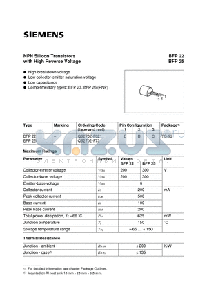 BFP25 datasheet - NPN Silicon Transistors (High breakdown voltage l Low collector-emitter saturation voltage)