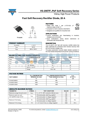 20ETF10PBF datasheet - Fast Soft Recovery Rectifier Diode, 20 A