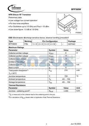 BFP360 datasheet - NPN Silicon RF Transistor