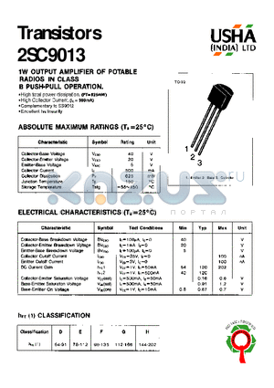 2SC9013 datasheet - 1W OUTPUT AMPLIFIER OF POTABLE RADIOS IN CLASS B PUSH-PULL OPERATION
