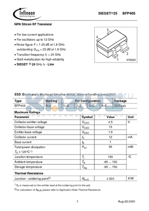 BFP405 datasheet - NPN Silicon RF Transistor