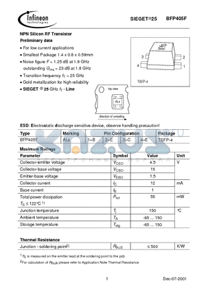 BFP405F datasheet - NPN Silicon RF Transistor