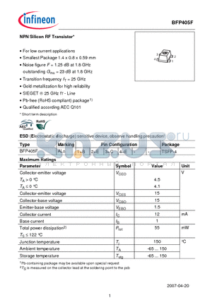 BFP405F datasheet - NPN Silicon RF Transistor