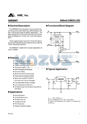 AME8807CEVAZ3 datasheet - 600mA CMOS LDO