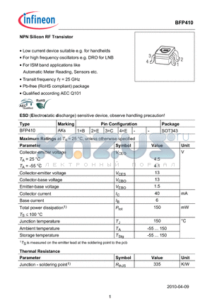 BFP410 datasheet - NPN Silicon RF Transistor