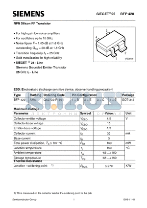 BFP420 datasheet - NPN Silicon RF Transistor (For high gain low noise amplifiers For oscillators up to 10 GHz)