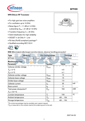 BFP420 datasheet - NPN Silicon RF Transistor