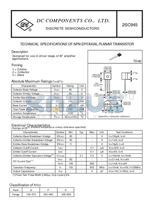 2SC945 datasheet - TECHNICAL SPECIFICATIONS OF NPN EPITAXIAL PLANAR TRANSISTOR