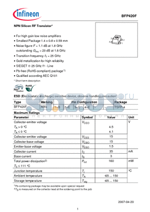 BFP420F_07 datasheet - NPN Silicon RF Transistor