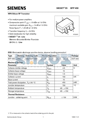 BFP450 datasheet - NPN Silicon RF Transistor (For medium power amplifiers)