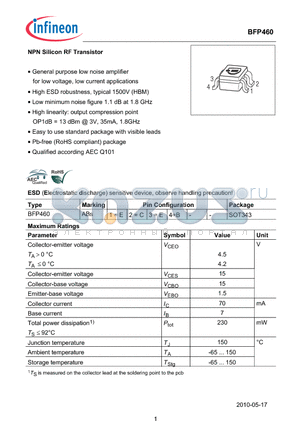 BFP460 datasheet - NPN Silicon RF Transistor