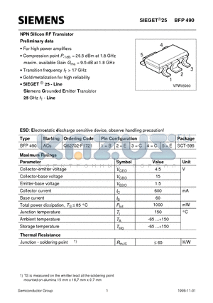 BFP490 datasheet - NPN Silicon RF Transistor (Q62702-F1721)