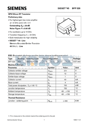 BFP520 datasheet - NPN Silicon RF Transistor (For highest gain low noise amplifier at 1.8 GHz and 2 mA / 2 V)