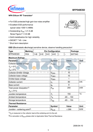 BFP540ESD datasheet - NPN Silicon RF Transistor