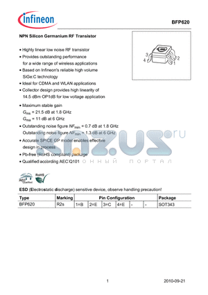 BFP620 datasheet - NPN Silicon Germanium RF Transistor