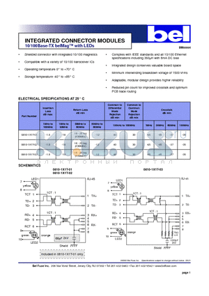 0810-1X1T-01 datasheet - INTEGRATED CONNECTOR MODULES 10/100Base-TX belMag with LEDs