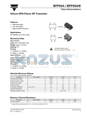 BFP93AW datasheet - Silicon NPN Planar RF Transistor