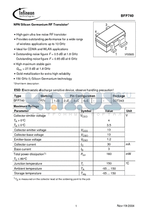 BFP740 datasheet - NPN Silicon Germanium RF Transistor