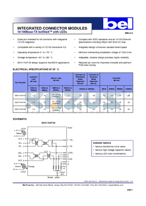 0810-1X4T-03 datasheet - INTEGRATED CONNECTOR MODULES 10/100Base-TX belStick with LEDs