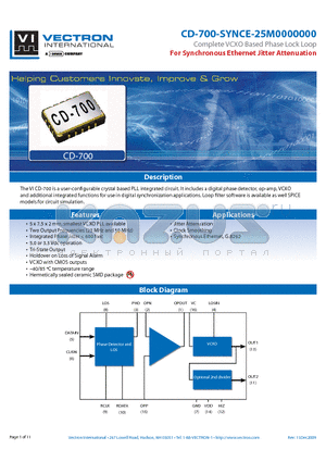 CD-700-SYNCE-25M0000000 datasheet - Complete VCXO Based Phase Lock Loop