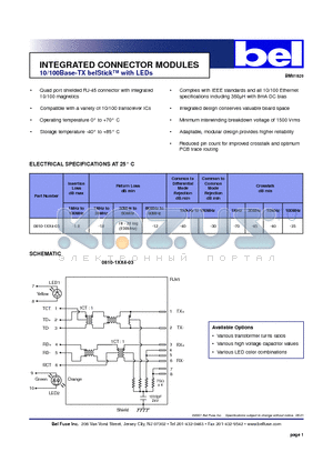 0810-1XX4-03 datasheet - INTEGRATED CONNECTOR MODULES 10/100Base-TX belStick with LEDs