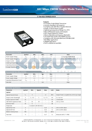 C-151-622-TDFB-SSC4G5 datasheet - 622 Mbps CWDM Single Mode Transceiver