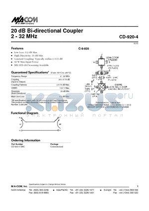 CD-920-4 datasheet - 20 dB Bi-directional Coupler 2 - 32 MHz