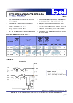 0811-1X4T-03 datasheet - INTEGRATED CONNECTOR MODULES 10/100Base-TX belStick
